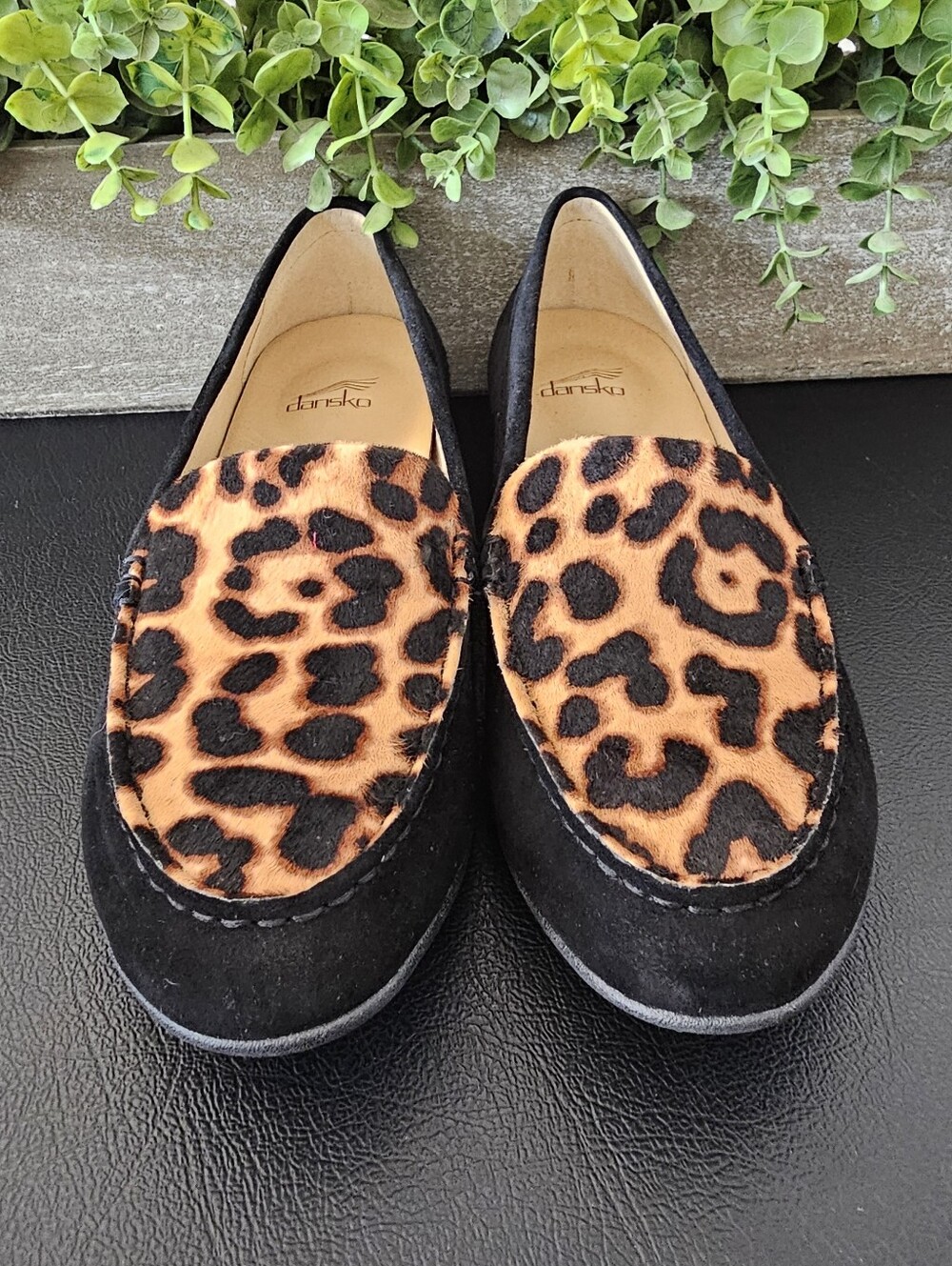 Dansko Black Loafers w/Leopard-Print Calf Hair Shoes Women's Sz 9 NWT